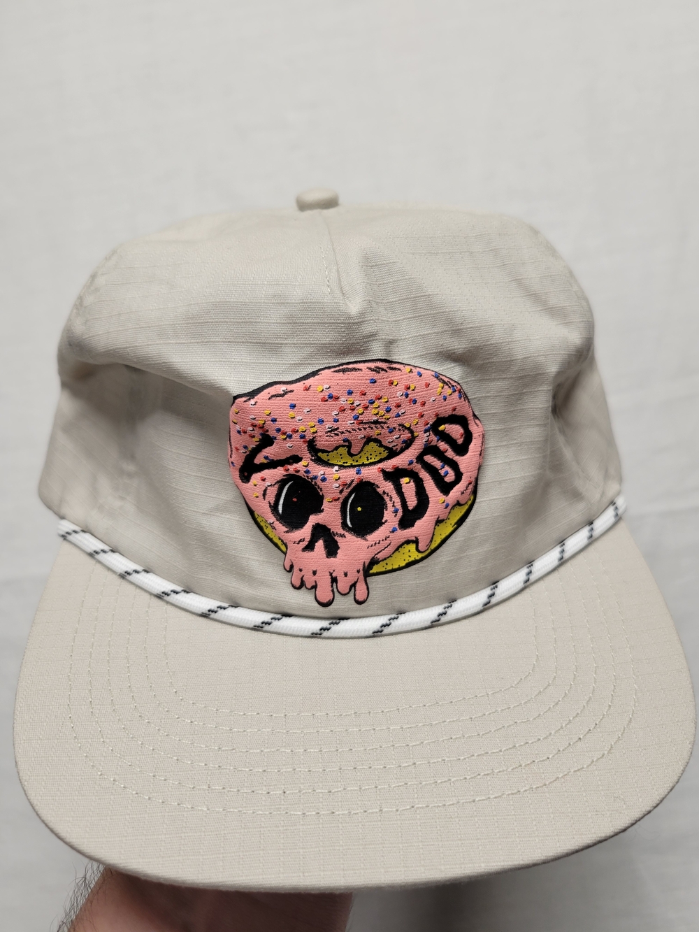 Voodoo Doughnits Beige Rope-Trim Cap Hat Pink Donut Skull Patch